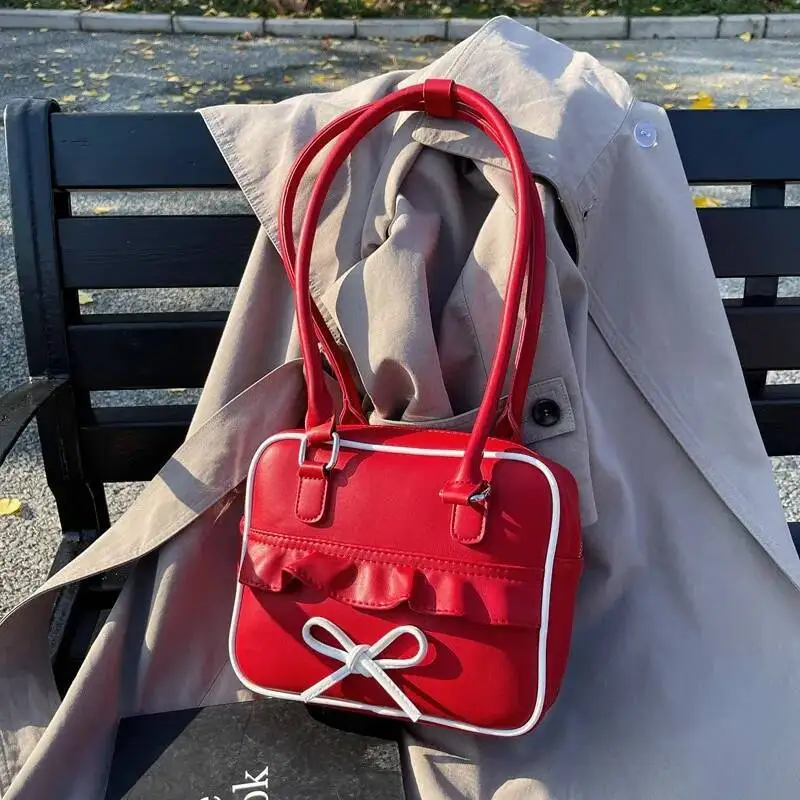 

Bloom High Street Bow Red Shoulder Bags Women 2025 New Versatile Pu Leather Y2k Handbag Female Square Underarm Bag Aesthetic