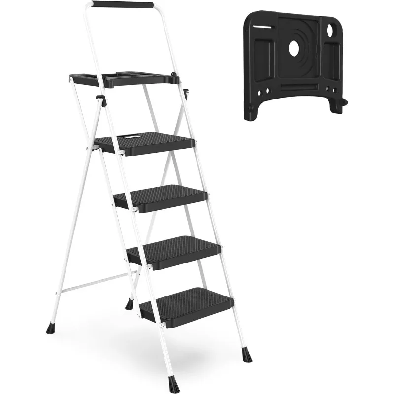 4 Step Ladder, HBTower Folding Step Stool with Tool Platform, Wide Anti-Slip Pedal, Sturdy Steel Ladder, Convenient Handgrip