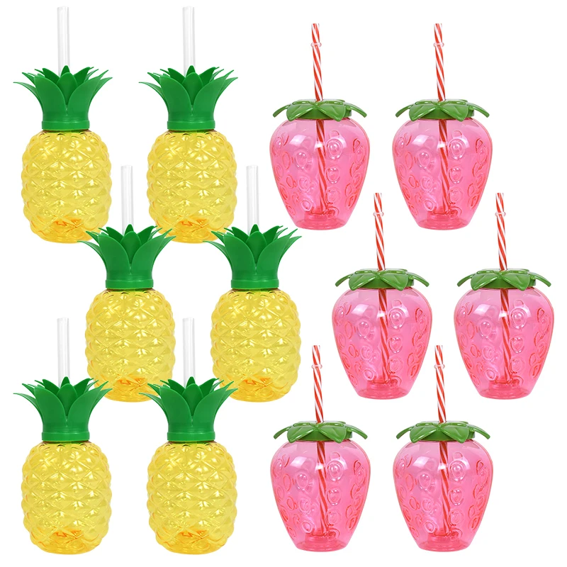 Hawaiian Summer Party Pineapple Strawberry Cup with Straw Tropical Wedding Flamingo Luau Birthday Party Decoration Drinking Cup