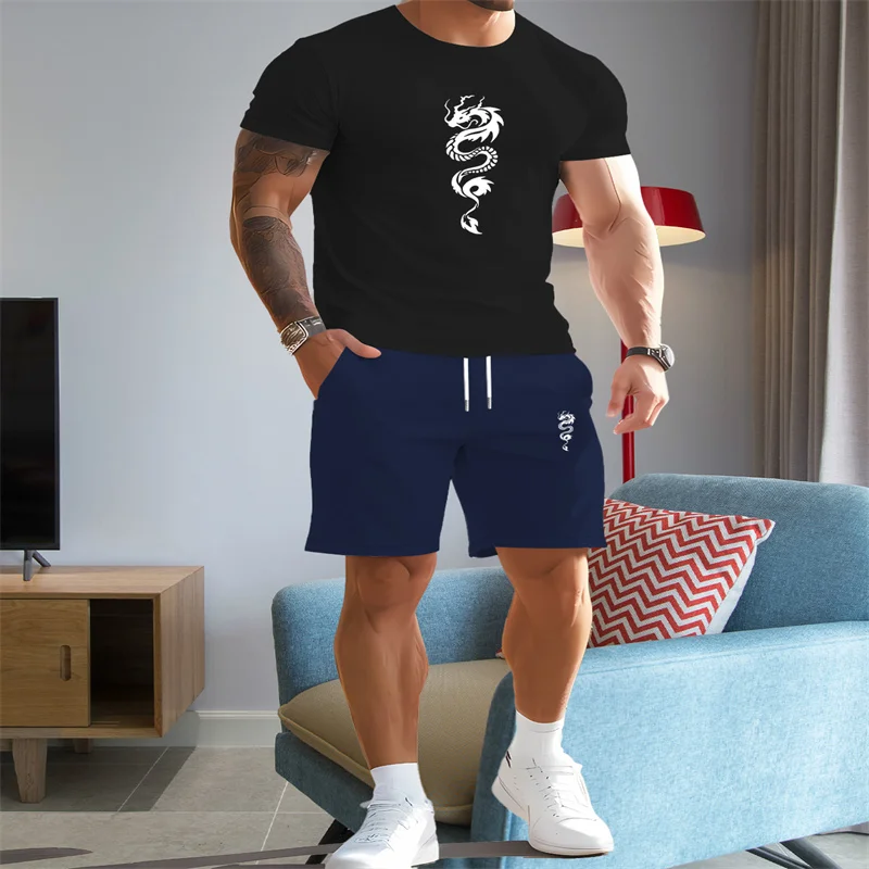 

New summer casual set with round neck short sleeved T-shirt and drawstring shorts 2-piece sportswear men's sports casual set
