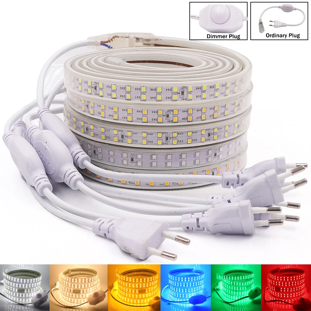 220V LED Strip Light SMD2835 Flexible LED Tape 120 180 276Leds/m Double Row Three Row Waterproof Ribbon Rope EU Plug for Decor