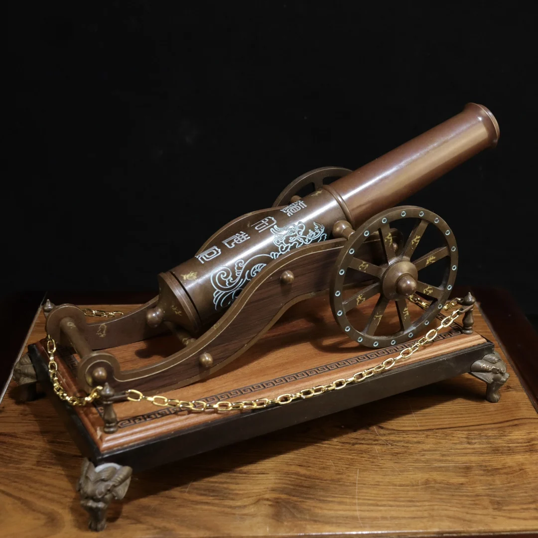 

12"Tibetan Collection Old Brass Divine Cannon Town house Incense Burner Cannon Amass wealth Ornaments power and money
