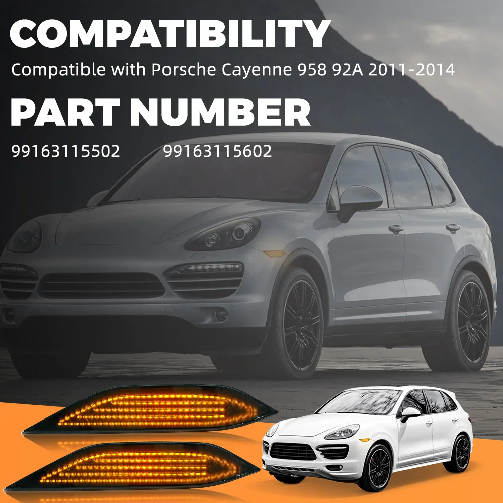 

1Pcs Clear/Black LED Side Marker Light Yellow For Porsche Cayenne 958 92A 2011-2014 PO2554102/PO2555102/ 958 631 071 00 12V