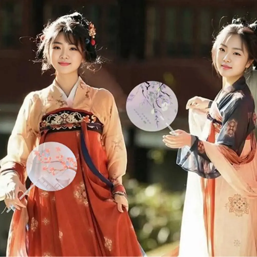 Frosted Fan Handle Ancient Long-handled Fan Color Printing High-looking Handheld Round Fan Translucent Anti-break
