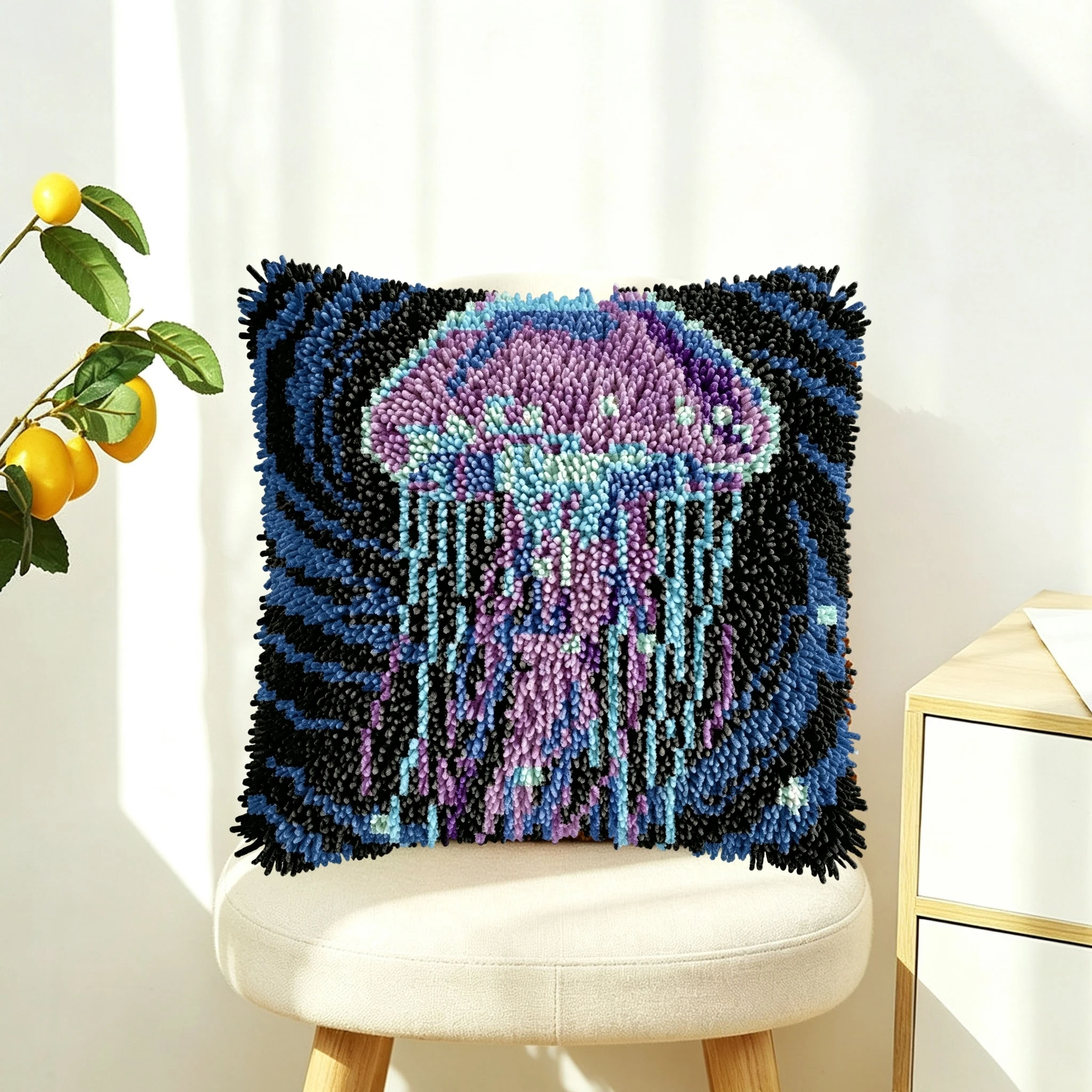 1Set Purple Jellyfish Knot Pillow Latch Hook Kit Cushion Pillowcase Set For Needlework Latch Hook Kits DIY Beginner-friendly Emb