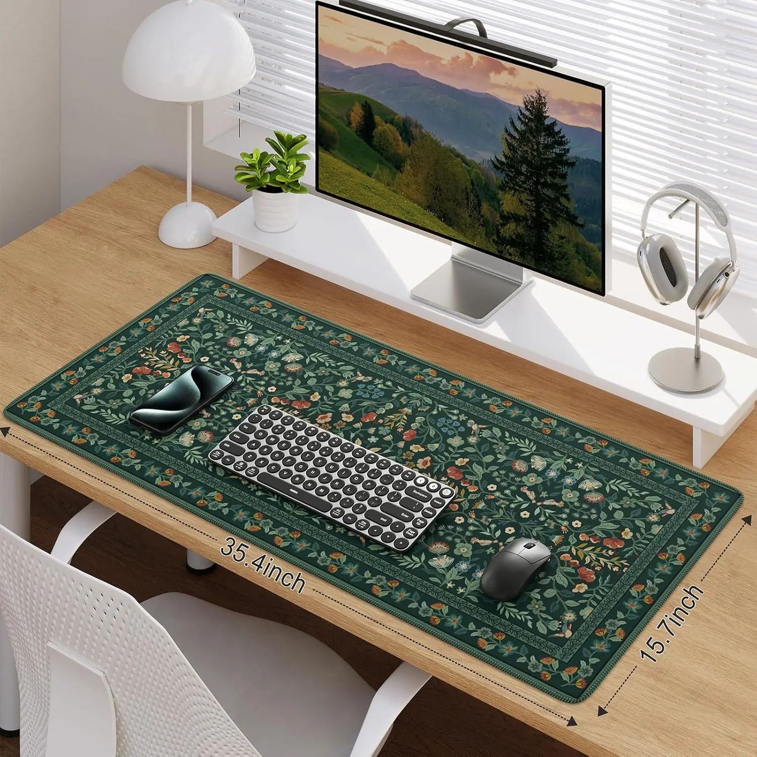 Vintage Persian Floral Rug Desk Mat, Green Boho Flower Large Gaming Mouse Pad for Aesthetic Home Office Computer Workstation