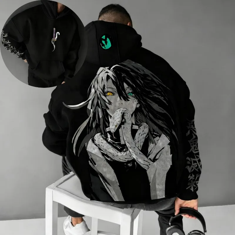 2025 outono inverno hoodies masculinos anime japonês demon slayer obanai gráficos roupas oversize puro algodão topos y2k streetwear