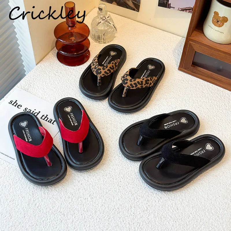 

Leopard Girls Flip Flops Solid PU Leather Children Beach Slippers Summer Soft Bottom Outdoor Kids Flat Slippers