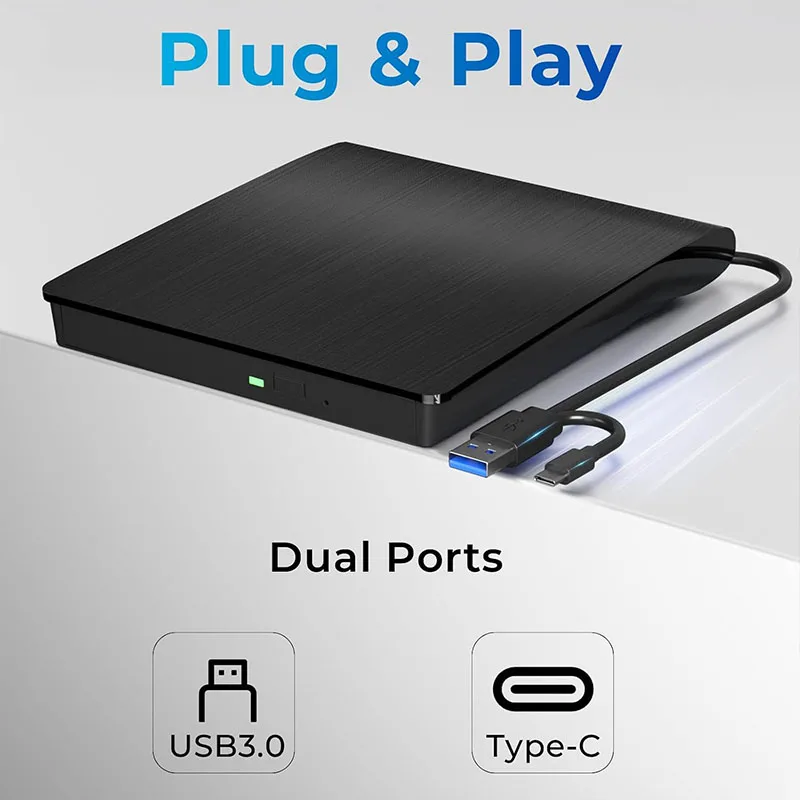 Portable External CD DVD RW Drive USB 3.0 USB-C Optical Drive Read Burner for Laptop PC Windows 11 10 Linux OS Mac