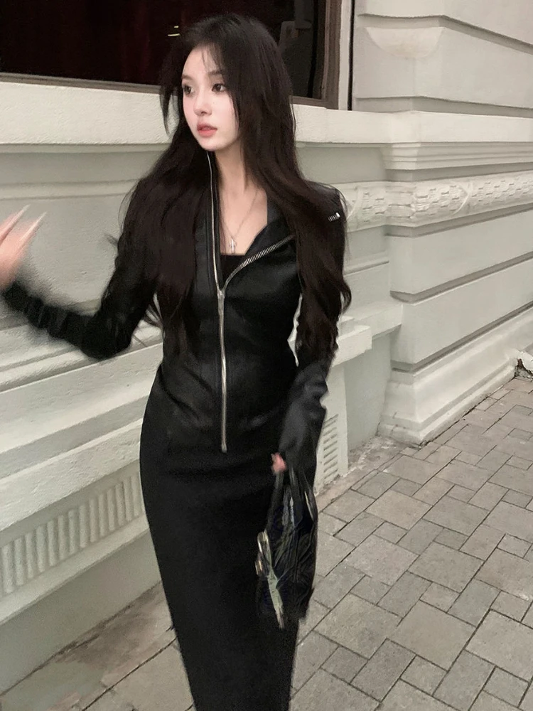 

Женская укороченная куртка из искусственной кожи в стиле Harajuku, черная, панк, уличная мода, Y2K, с молнией, облегающая, эластичная