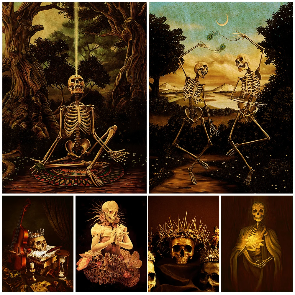 Thorned Crown And Golden Skull Vintage Wall Art Canvas Painting Gothic Skeleton Witchcraft,Pagan Art Poster Print Home Decor