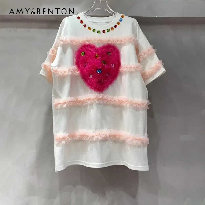 Design Sense Exquisite Rhinestone Mesh Stitching Love T-shirt Women's Summer New Loose All-Matching Tshirts Top O-neck Pullovers