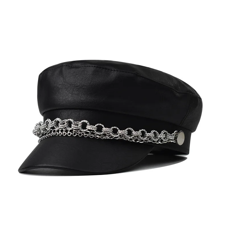 

Silver Chain PU Beret Octagonal Versatile Crocodile Military Outdoor Leather Hat Newsboy Cabbie Gatsby Painter Hat Cap