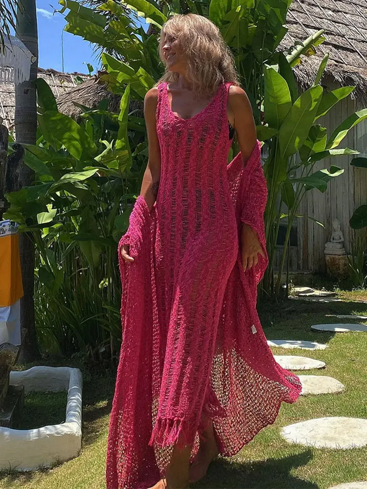 2024 Sexy See Through Mesh Slim Bodycon Summer Beach Maxi Dress Tassel Hollow Out Bikinis Cover-ups Knitted Beachwear A2375