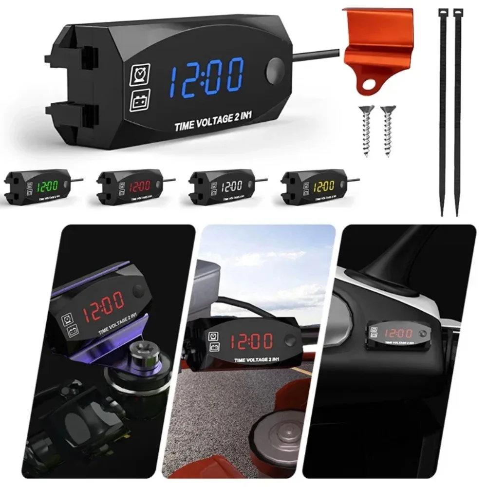 Universal 12V 3 In 1 Motorcycle Electronic Clock Thermometer Voltmeter IP67 Waterproof Dust-proof LED Digital Display Moto Parts
