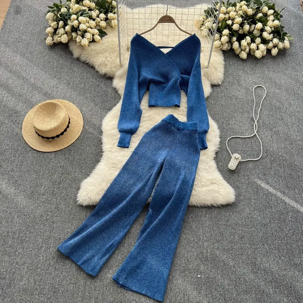 Women Vintage Knit Two Pieces Sets Backless Women Lantern Long Sleeve V-Neck Elastic Waist High Waist Full Hip Wrap Skirt