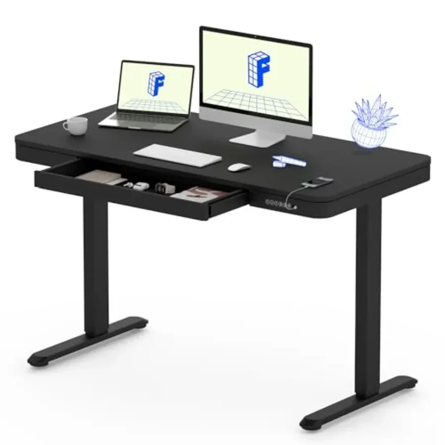 Home office electric standing desk, steel and MDF, black, height-adjustable with child lock, USB ports, quick assembly, 48-inch