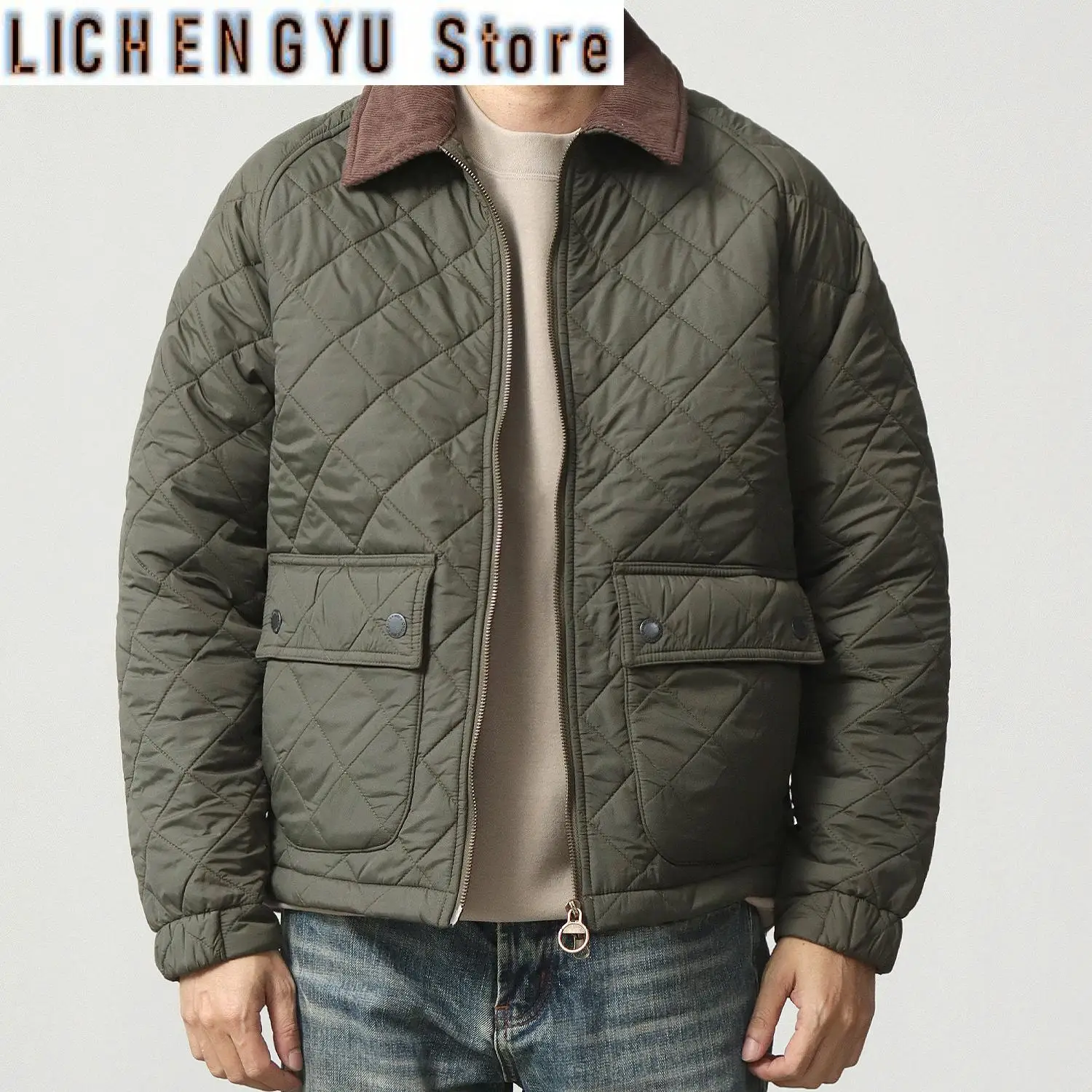 

Winter New American Retro Long Sleeve Lapel Dom Quilted Jacket Men's Simple 100% Polyester Thick Casual Multi-pocket Coat