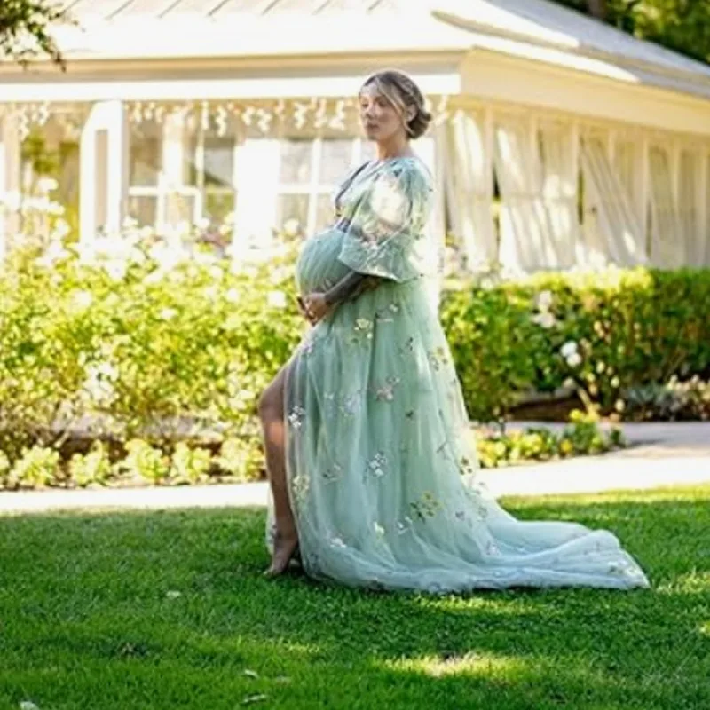 Maternity Photoshoot Dress, Embroidery Tulle Robe with Slit, Elegant Ball Gown for Baby Shower Pregnancy Formal   فساتين حوامل