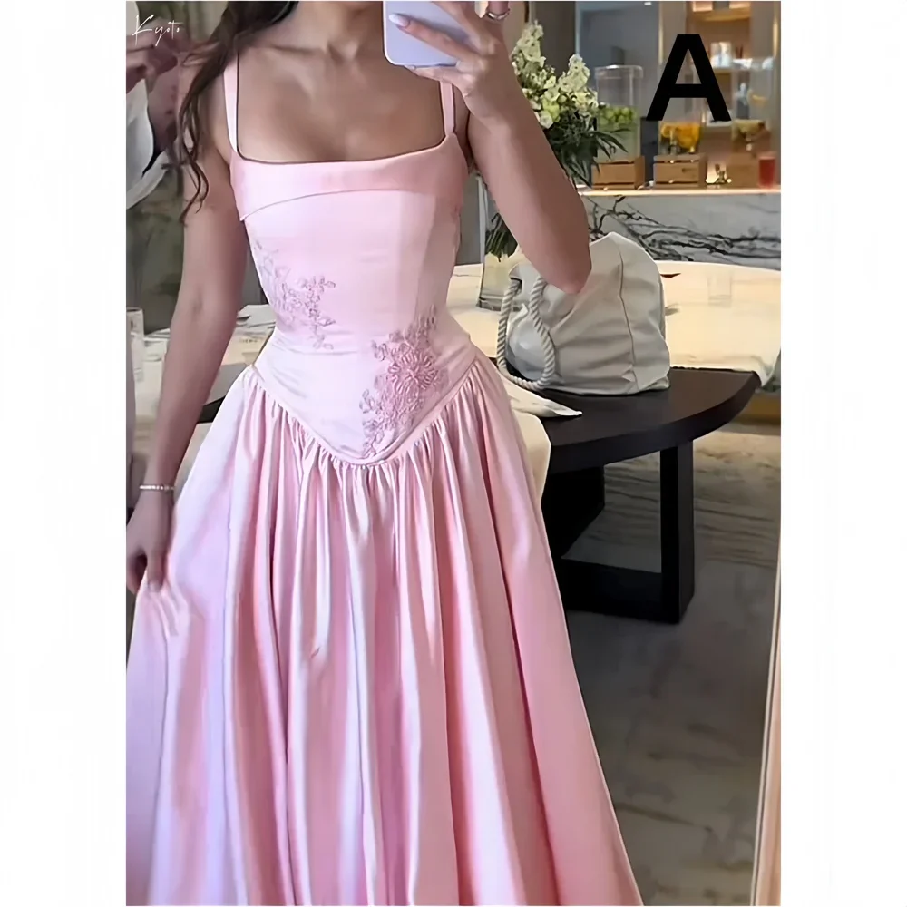 

Customize Pink Flower Embroidery Bridesmaid Dresses Spaghetti Strap Pleats Robe Mariage Invité Lace-Up Wedding Guest Dress