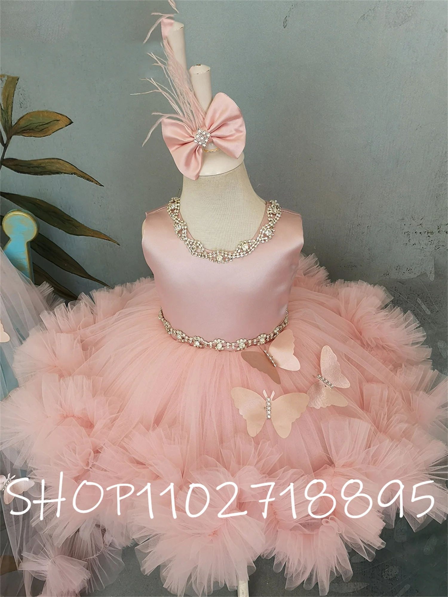 Vestido Puffy rosa com trem para menina, Vestido de florista com arco, Vestidos de aniversário infantil bonito, Primeira comunhão