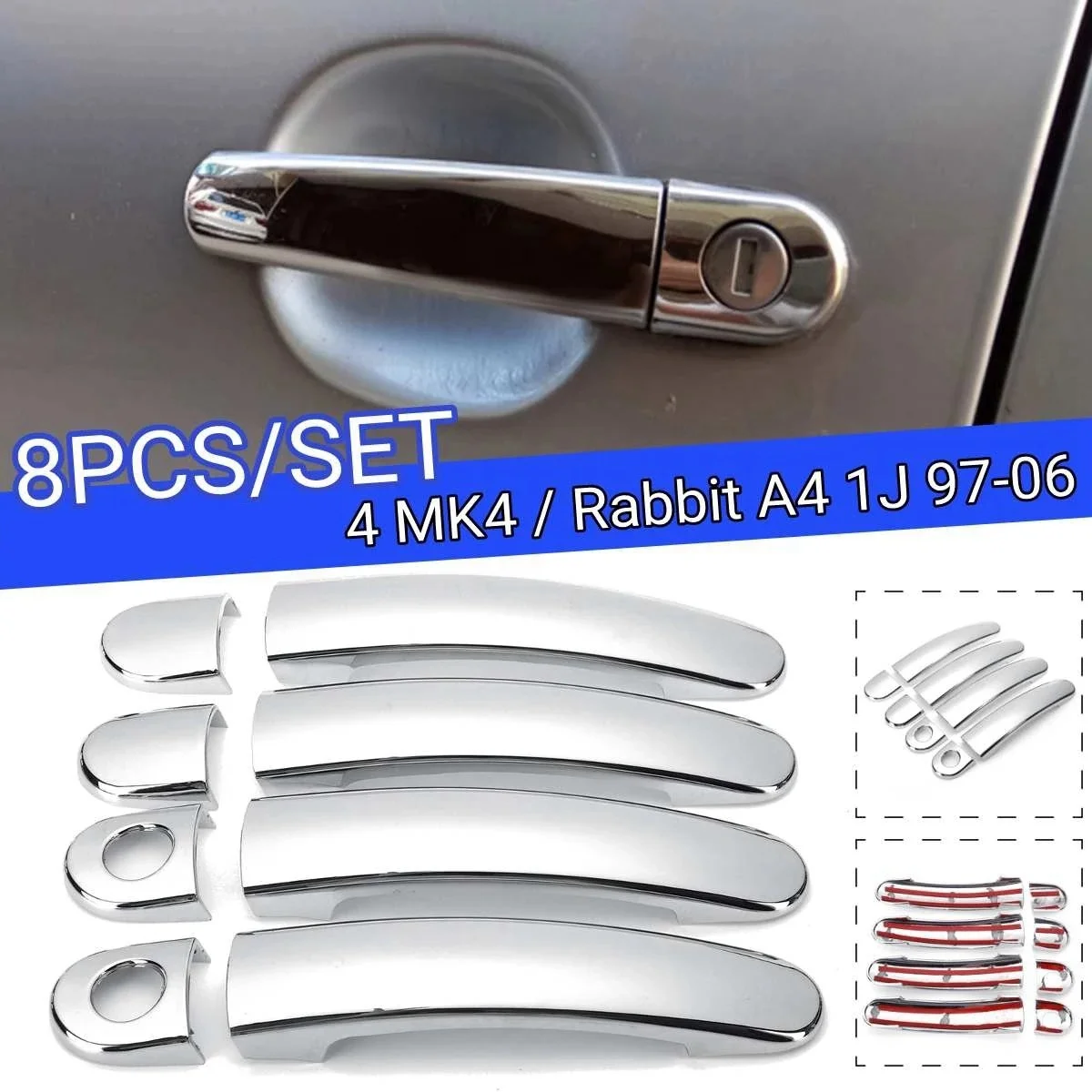 8PCS for Golf 4 MK4/Rabbit A4 1J 1997-2006 Door Handle Cover Trim Chrome Car Door Handle Covers 2