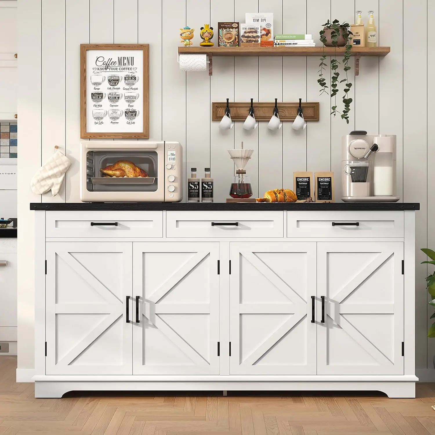 

61” Large Sideboard Buffet Cabinet with 4 Doors and 3 Drawers, Farmhouse Buffet Table, Dining Room Storage Cabinet, White