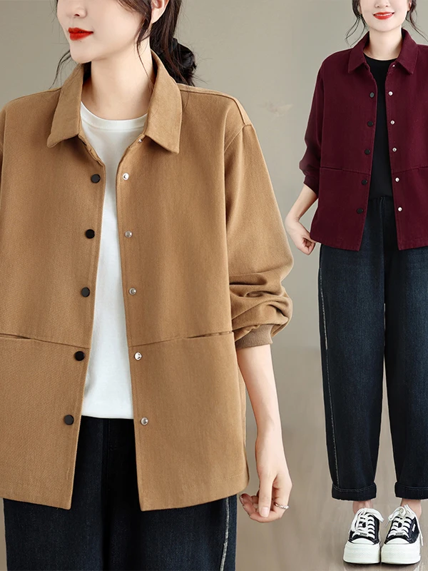 Authentic 2026 New Casual Cotton Short Jacket Loose Large Size Elegance Collar Top Women's Artistic Style Loose Fit Long Sleeve