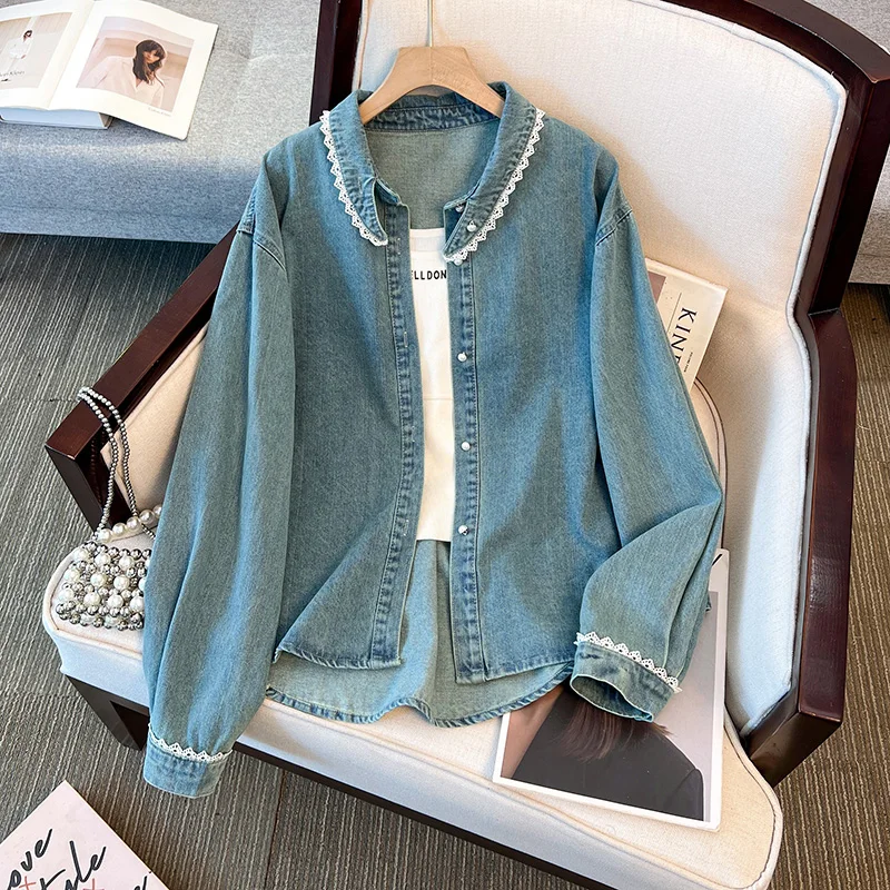 

Lace Denim Jacket For Women Autumn Vintage Single Breasted Lapel Shirts Korean Style Long Sleeved Casual Commuting Overcoat