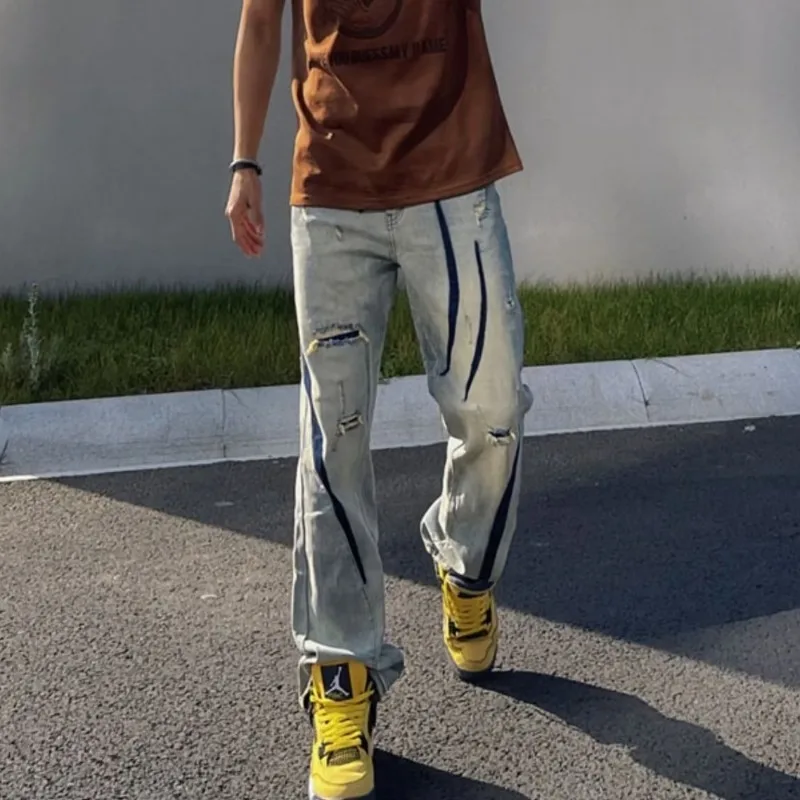 

Осенне-зимние прямые джинсы больших размеров, мужские свободные длинные брюки для подростков, повседневные джинсовые брюки желтого цвета с землей High Street