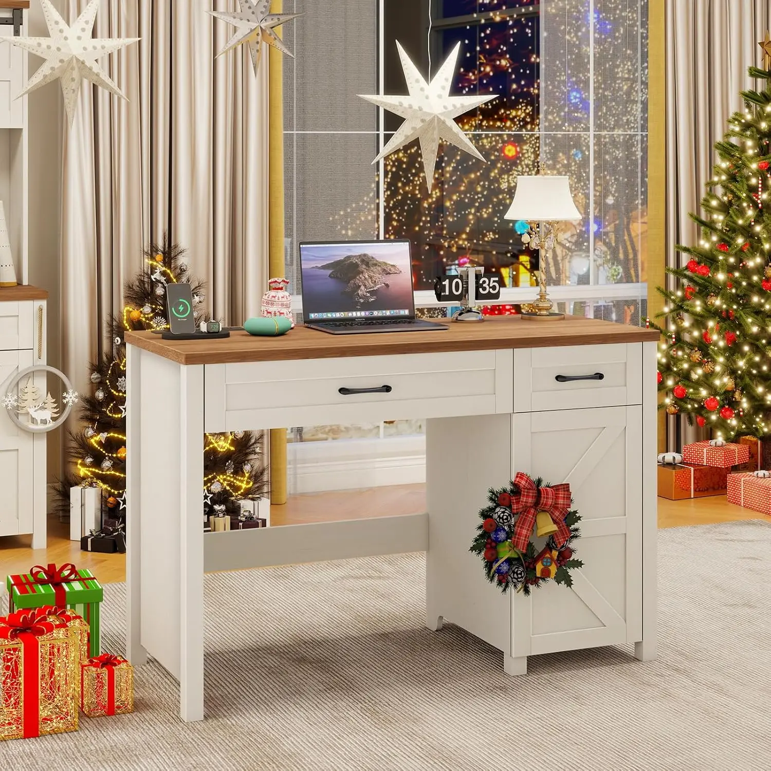 "مكتب تنفيذي Farmhouse 47، مكتب كمبيوتر أبيض مع أدراج وتخزين للمكتب المنزلي والدراسة" #6