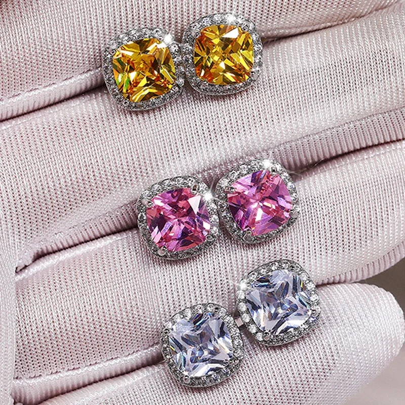 Ne'w Bright White/Yellow/Pink CZ Stud Earrings for Women Fashion Contracted Jewelry High Quality Wedding Engagement