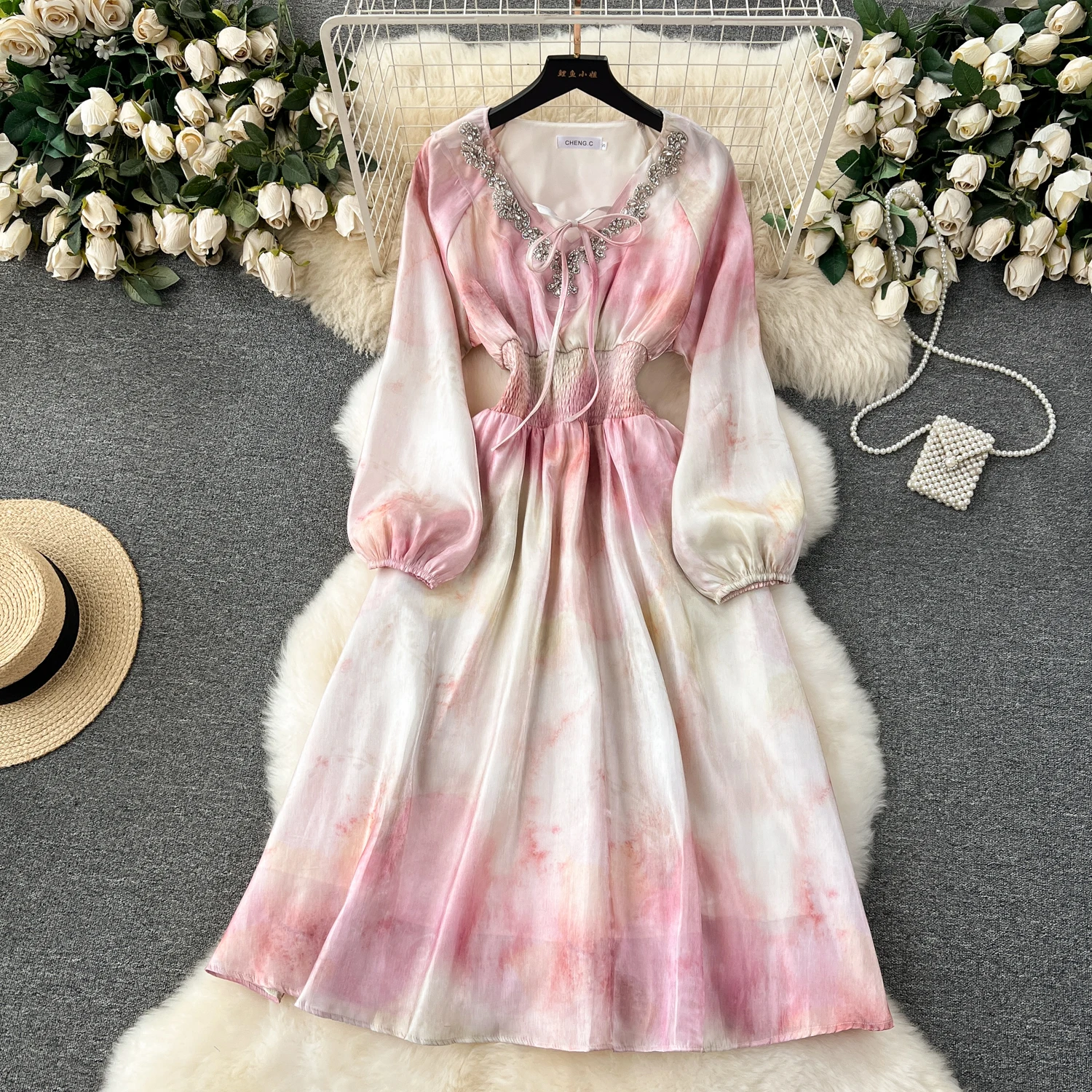 Summer Elegant Long White Dress for Women Tie Dye High Waist Shirring Diamonds Full Sleeve Midi Holiday Party Traf New In 2024