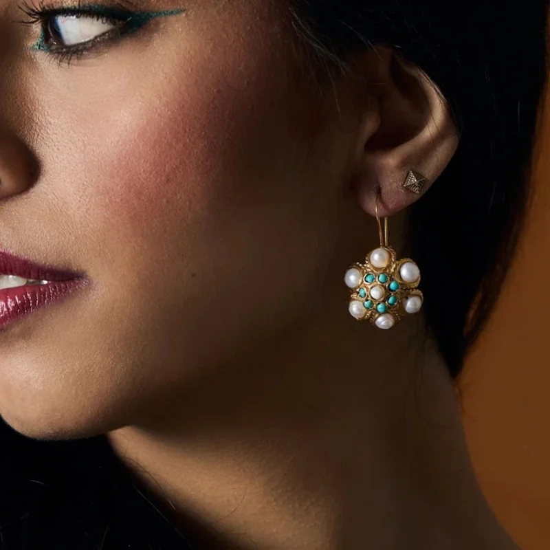 Creative Ethnic Style Imitation Pearl Earring Party Handmade Jewelry Gift Vintage Court Gold Color Ornate for Women