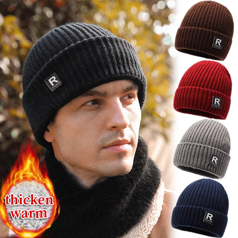 Thicken Knitted Men Hats Warm Winter Add Plush Lining Cold Resistant Beanies Cap SolidColor Casual Outdoor Sport Unisex Skullcap