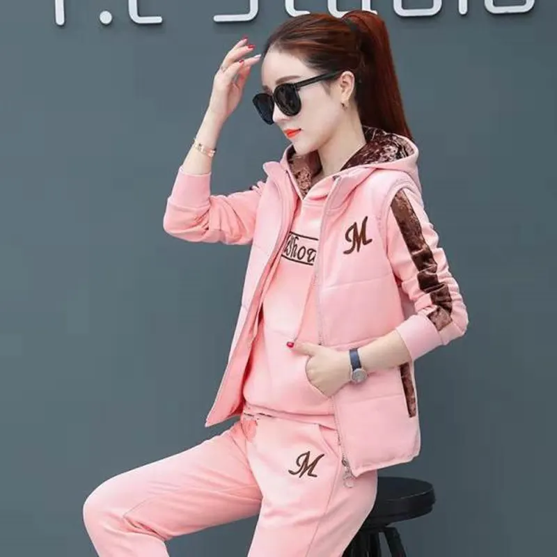 Women's Fleece Lined Hooded 3 Piece Tracksuit Warm Winter Jacket Pants Set Casual Thickened Outfits