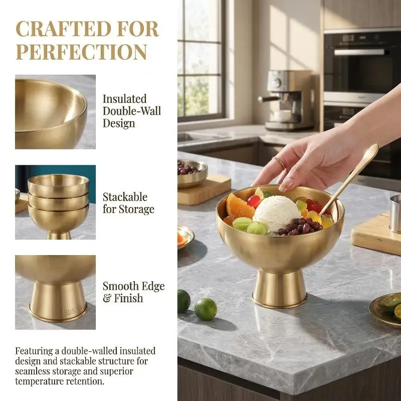 Ice Cream Bowl Food Grade ﻿Stainless Steel Salad Cup Dessert Bowl Gold Silver Household Kitchen Tools
