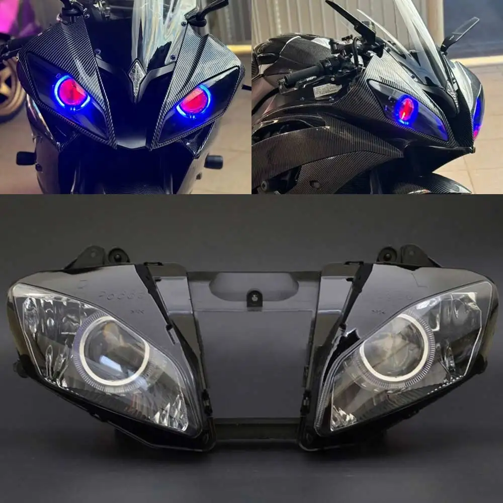 

Motorcycle Modified Custom Front LED Headlight Assembly HID White Angel Eyes Red Eyes for 2008-2015 Yamaha YZF-R6