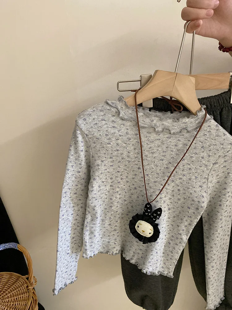Girls Suit 2024 Autumn New Childrens Wear Korean Baby Girls Wooden Ear Edge Floral Bottom Coat Lace Casual Pants Two-piece Set image 6