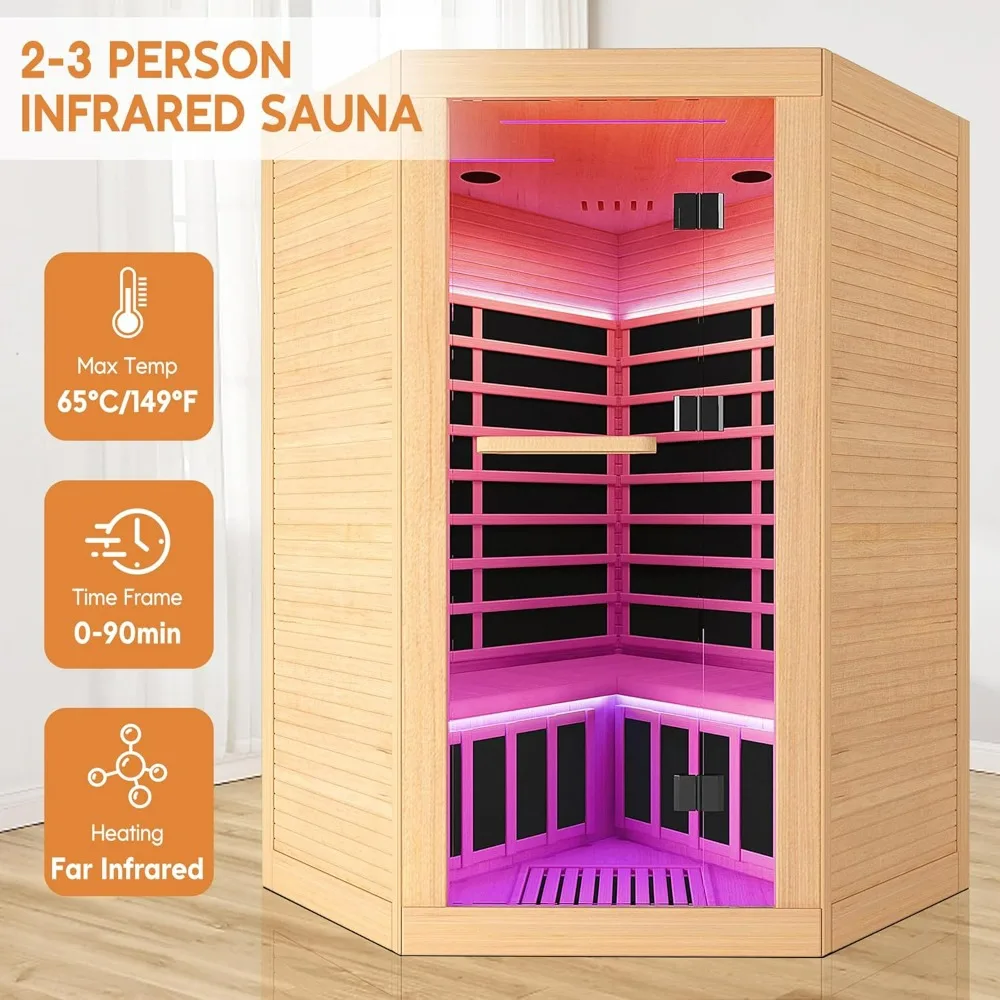 2-3 Person Sauna Corner Sauna Far Infrared Sauna Room Home Canadian Hemlock Indoor 2100W Low-EMF Dry Saunas with 7 Color Therapy