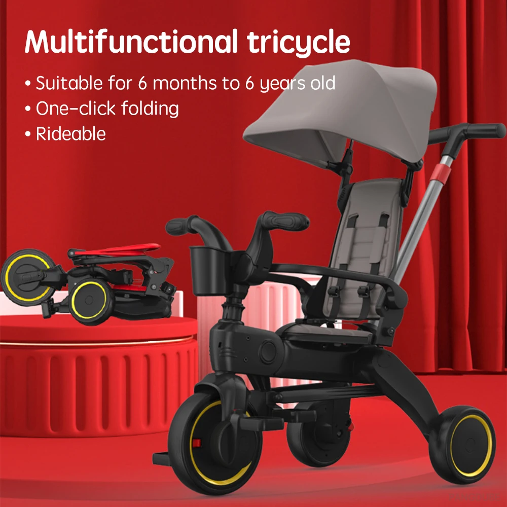 PANGDUBE 3-wiel kinderwagen 7,8 kg lichtgewicht opvouwbare driewieler voor 1-6 jaar multifunctionele kindertrike met ouderhandvat