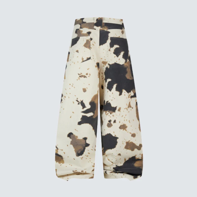 MWJLPWQ Splatter-Paint Casual Straight Denim Pants For Men Women American-Style Camouflage Print High Street Wide-Leg Pant 20427
