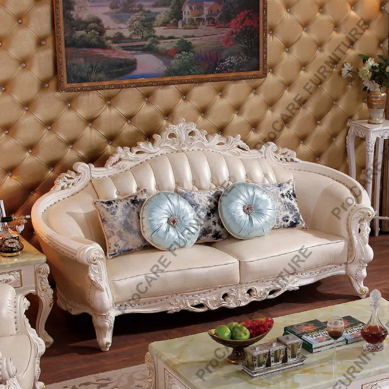 European genuine leather solid wood carved luxury sofa set living room furniture living room sofas