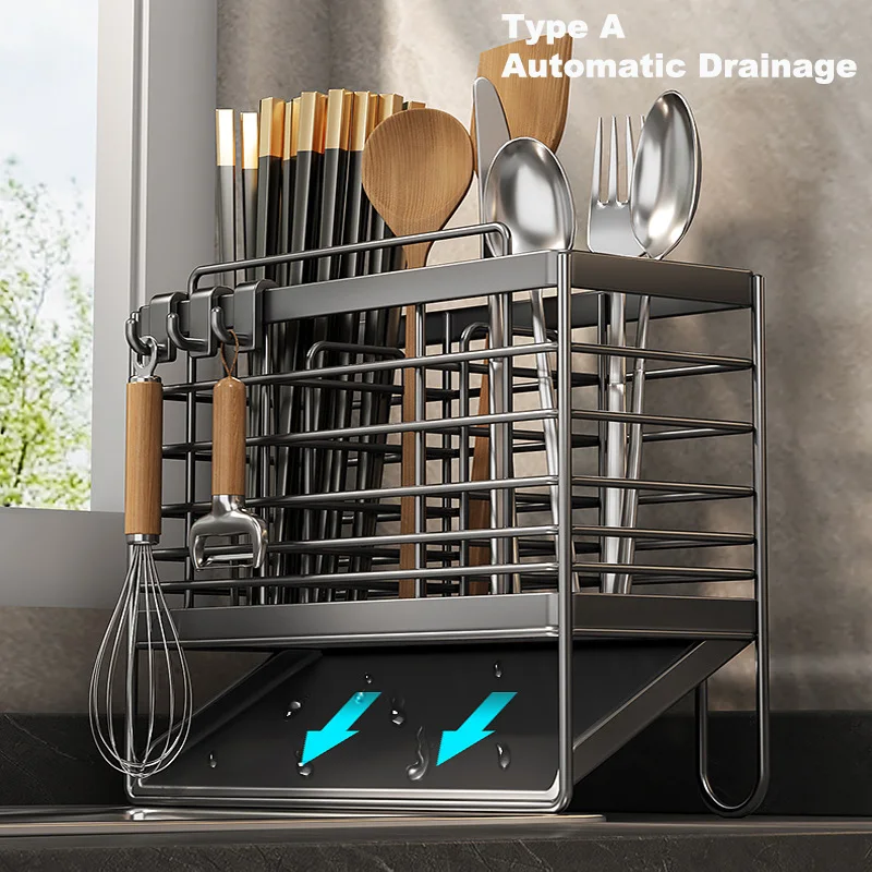 Cutlery Organizer Kitchen Storage Rack Wall Mounted Knife, Fork, Spoon Chopstick Rack with Drainage Tray Kitchen Utensil Cage