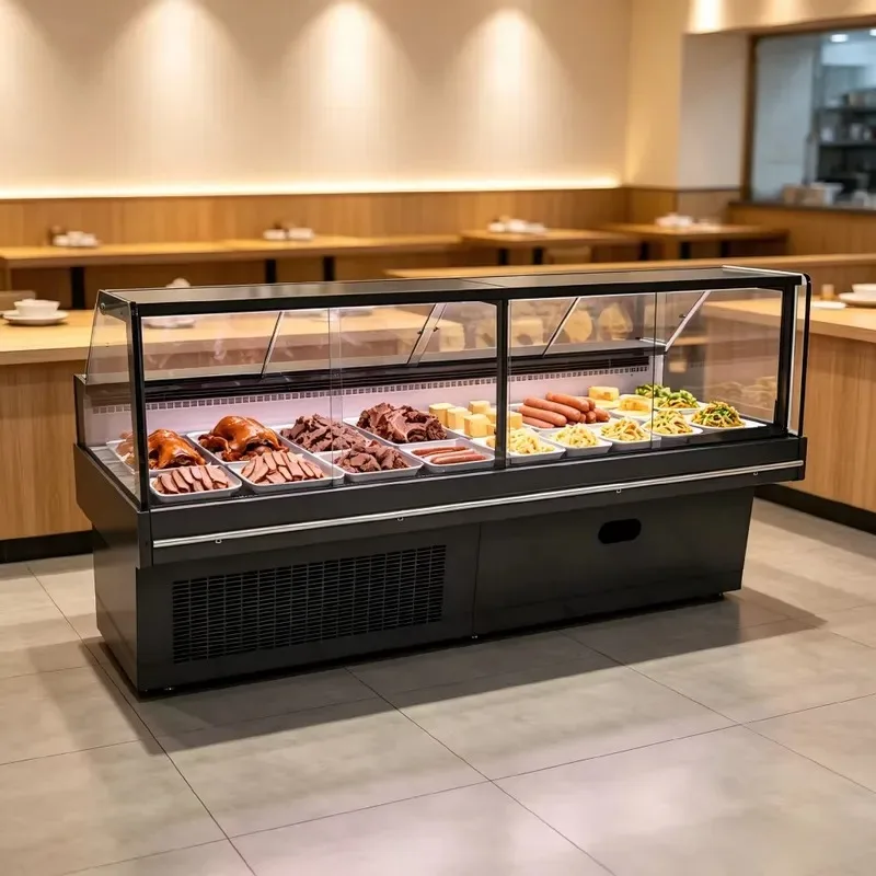 Digital Temperature Control Commercial Curved Cooked Food Refrigerator Anti Fog Glass Stew Display Cabinet for Supermarket