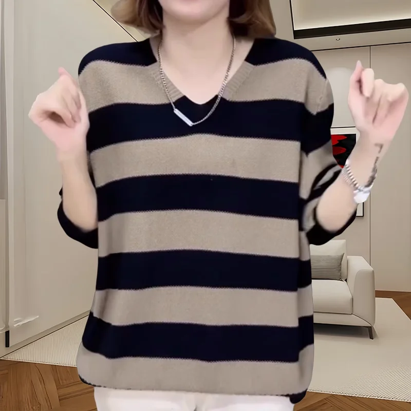 

Long Sve вязаный свитер женский свободный V-Ne в полоску Faion весенний новый Sle для похудения Mom's Little irt Commute Sle