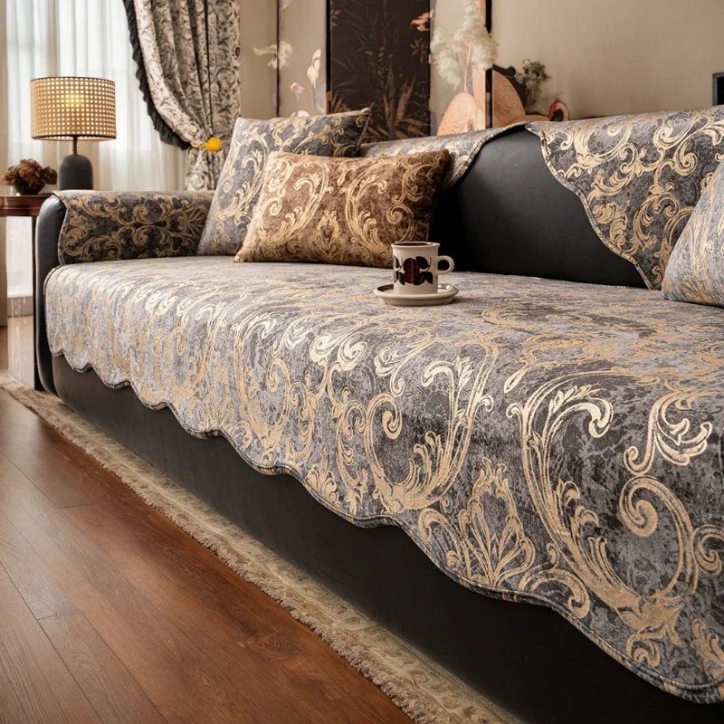 

Short Plush Bronzing Non-slip Sofa Towel Sofa Cushions Seat Chenille Jacquard Couch Cover Living Room Decor Household Dust Mat