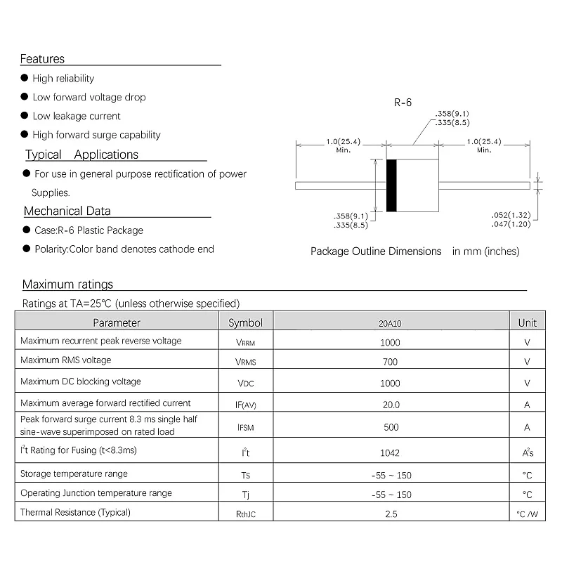 20A10整流ダイオード 20A 1000V R-6整流ダイオード アキシャル整流器 シリコンダイオード 整流ダイオード 20アンペア 1000ボルト 30個パック