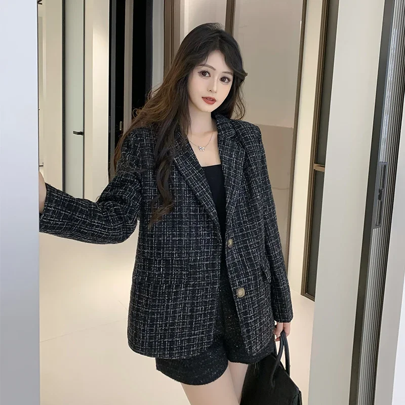 Tweed Oversize Blazer Women\'s Autumn Winter High-end Loose Elegant Woven Black Suit Jacket Female Office Lady Top High Quality