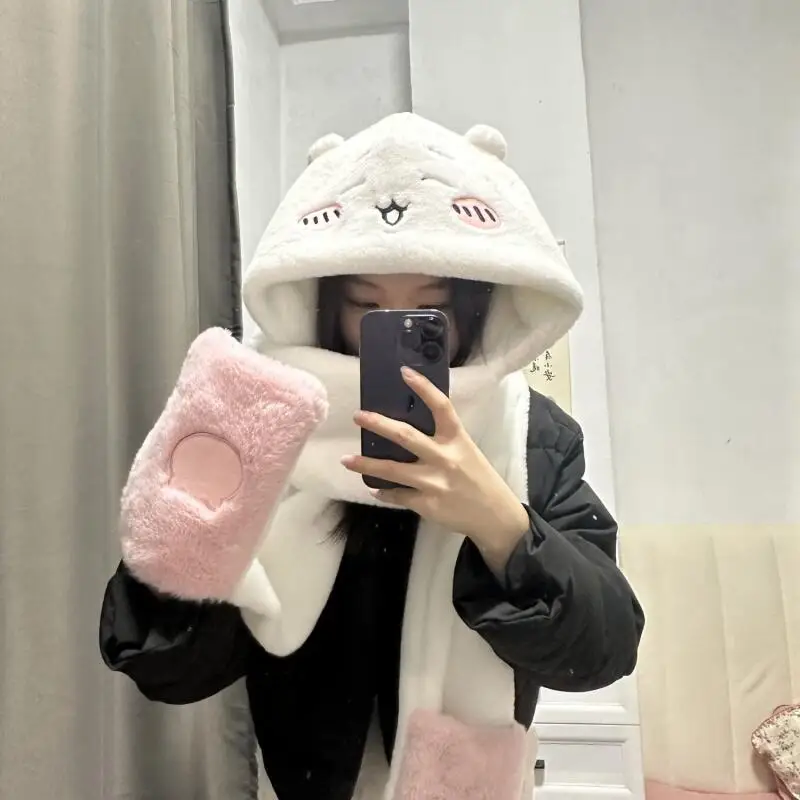 Y2K Kawaii Chiikawas Hachiware لطيف هدية عيد ميلاد قبعة وشاح الشتاء أفخم الباردة الدافئة الكل في واحد الفتيات قبعة طالب قبعة مهرجان هدية